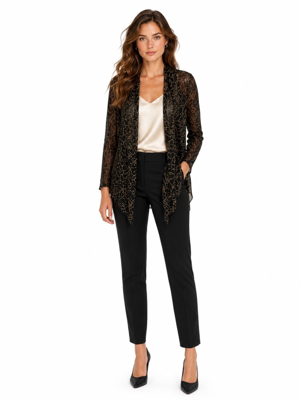 Chico’s Black & Gold Metallic Sheer Open Front Cardigan Chico’s 2 Women’s Size L